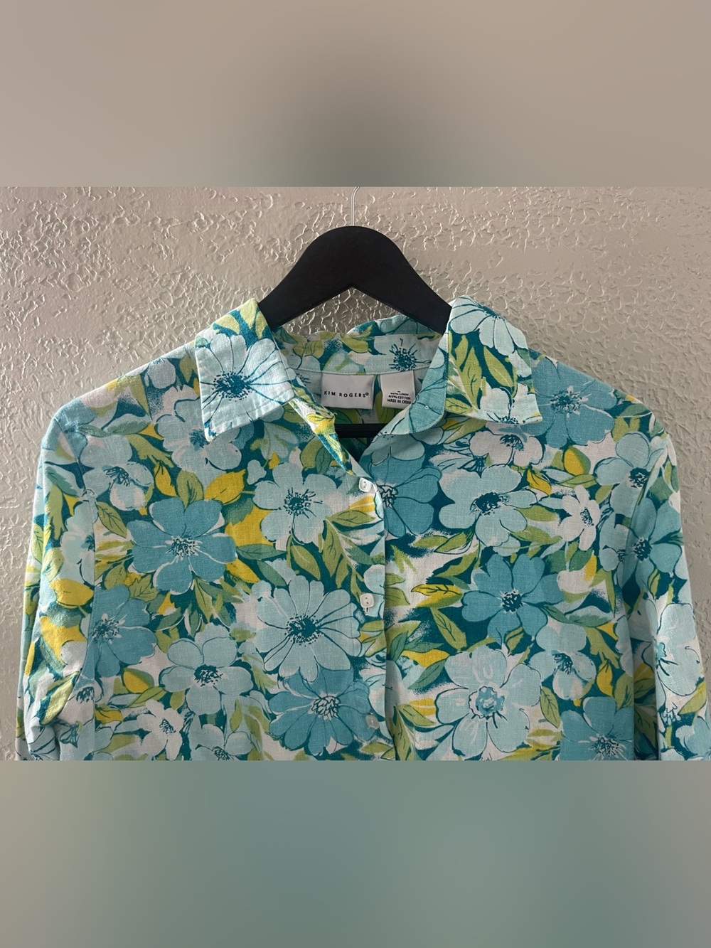 Kim Rogers Casual Aqua and Yellow Floral Linen Shirt Small Adjustable Sleeves - Picture 2 of 7